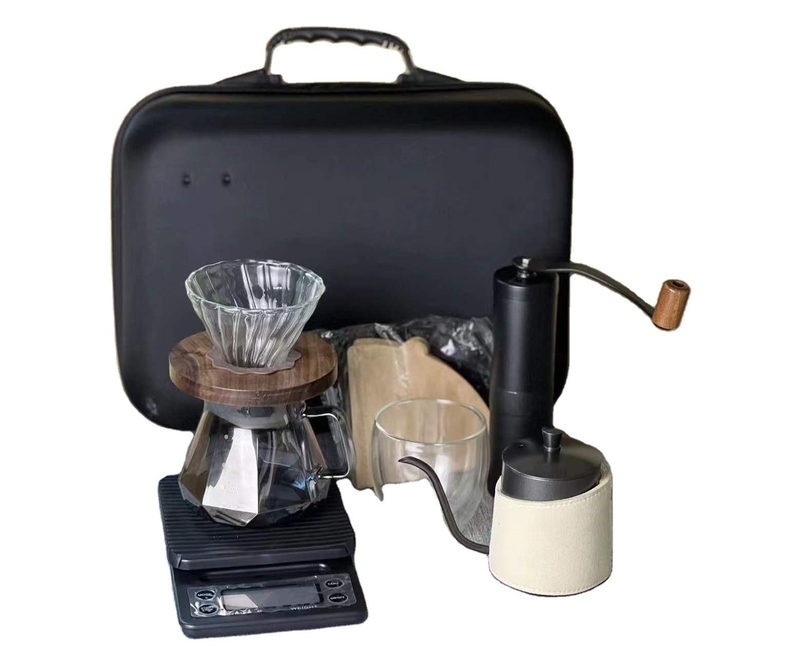 Outdoor-Kaffeemaschine V60 Set, Kaffeetropfmühle mit Edelstahl und Wasserkocher, Glas, Timer-Skala, Reisetasche, geeignet für Geschenke