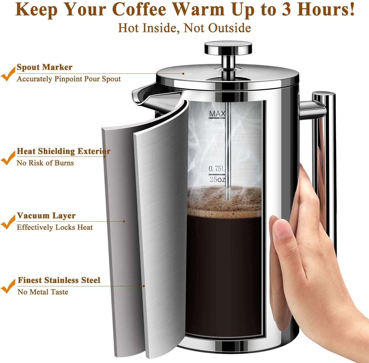 French-Press-Kaffeemaschine aus Edelstahl, 960 ml, doppelwandige Metallisolierung, Kaffeepresse und Teebereiter, leicht zu reinigende French-Press