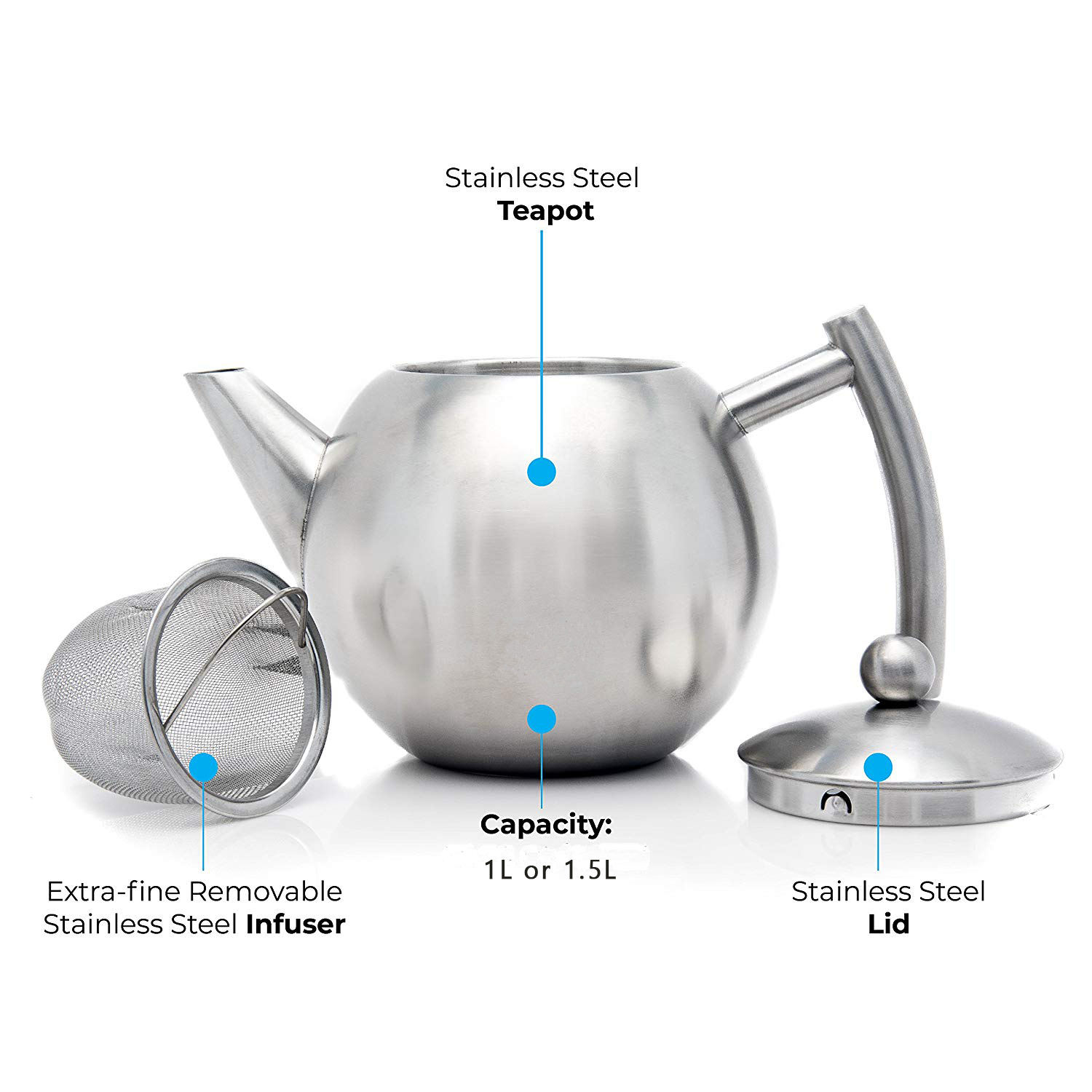 Edelstahl-Teekanne mit Teesieb, 900–1500 ml, Teewärmer mit Teekannen-Ei für losen Tee