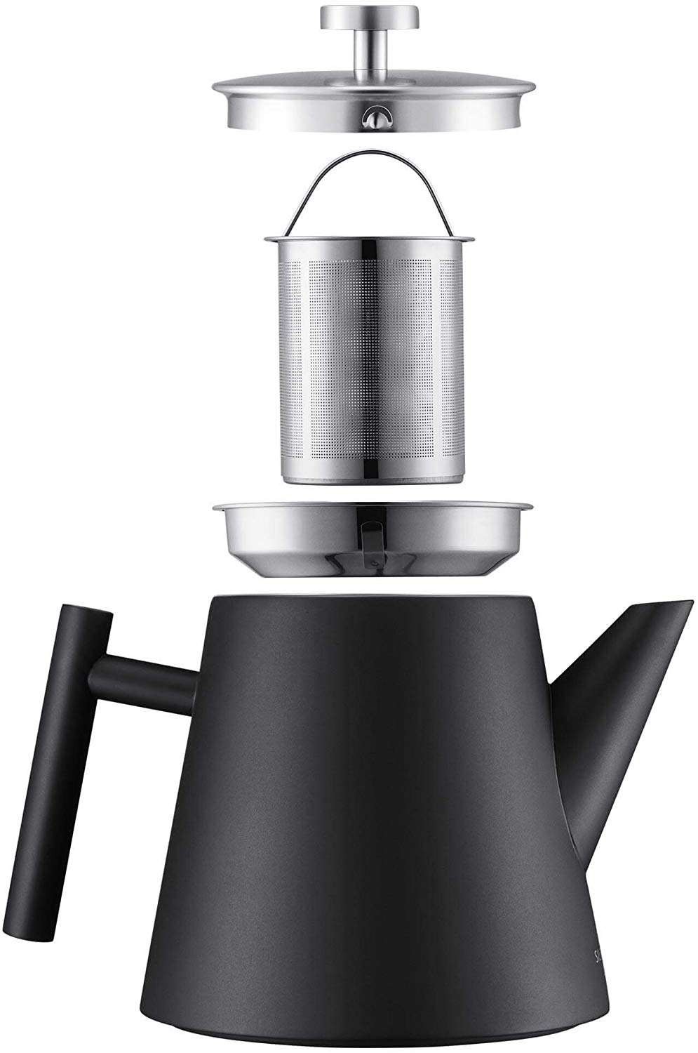 Edelstahl-Teekanne mit Stövchen. Doppelwandig, 1,2 l. Hält den Tee lange heiß, mit Tee-Ei. Teekanne