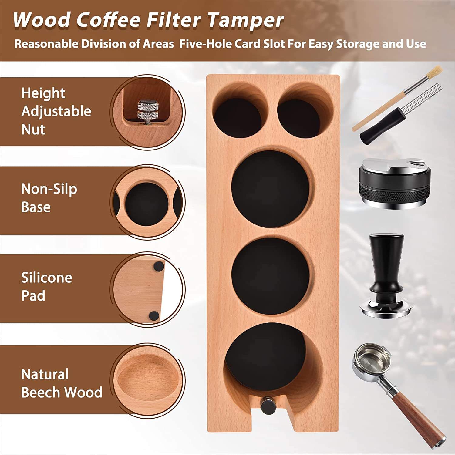 Espresso Tamper Kaffeeverteiler Tamper Espresso Rührer Holz Kaffee Tamper Station Espresso Tamping Matte kompatibel mit 58 mm