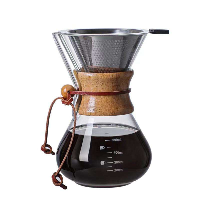 Heiße verkaufende Kaffeemaschine zum Übergießen, Karaffe aus Borosilikatglas mit papierlosem Edelstahl-Kaffeetropf und Holzhülle
