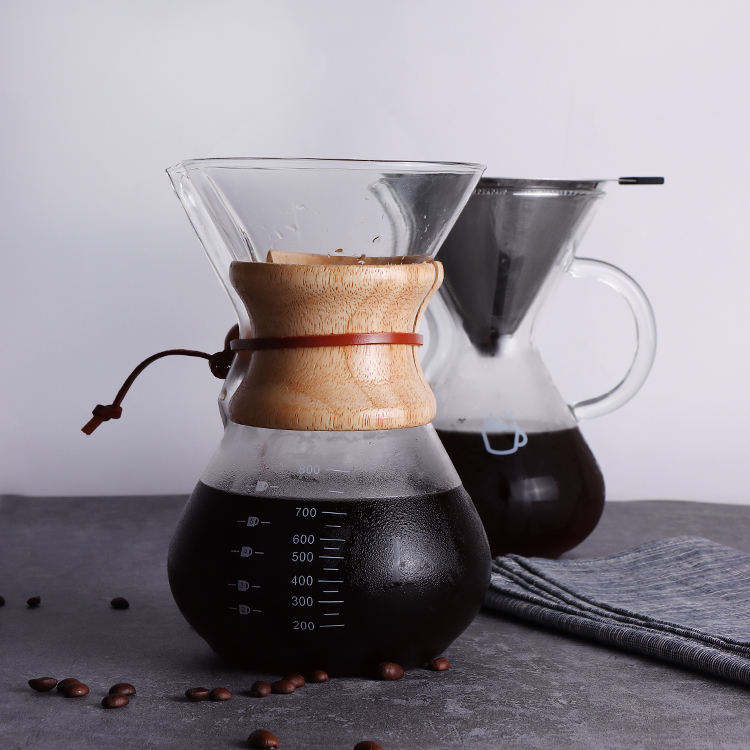 Heiße verkaufende Kaffeemaschine zum Übergießen, Karaffe aus Borosilikatglas mit papierlosem Edelstahl-Kaffeetropf und Holzhülle