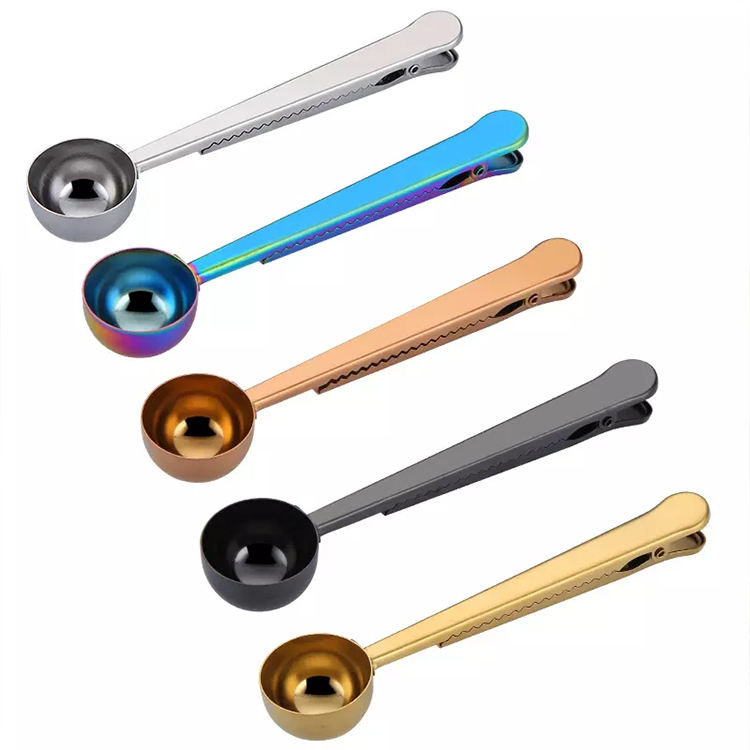 Bunter Messlöffel, lebensmittelechter Metall-Kaffeelöffel, Gold-Edelstahl-Kaffee-Messlöffel, Schaufel mit Verschlussclip