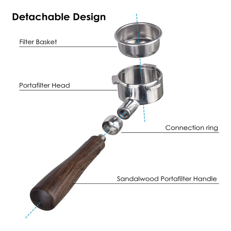Bodenloser Siebträger 54 mm mit Griff aus Naturholz. Nackter Siebträger aus Edelstahl 304, passend für Barista