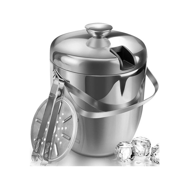 Isolierter Eiskübel mit Zange und Deckel für Partys und Bar, doppelwandiger Edelstahl mit Sieb, Eiskübel mit Deckel
