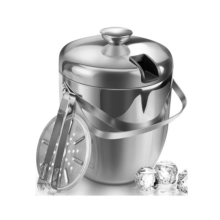 Isolierter Eiskübel mit Zange und Deckel für Partys und Bar, doppelwandiger Edelstahl mit Sieb, Eiskübel mit Deckel