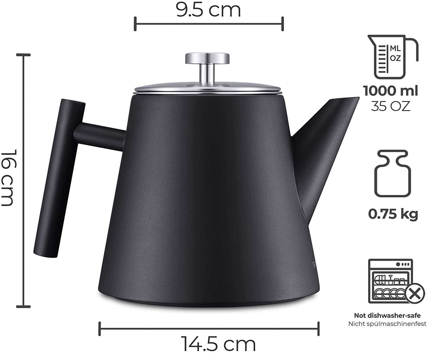 Edelstahl-Teekanne mit Stövchen. Doppelwandig, 1,2 l. Hält den Tee lange heiß, mit Tee-Ei. Teekanne