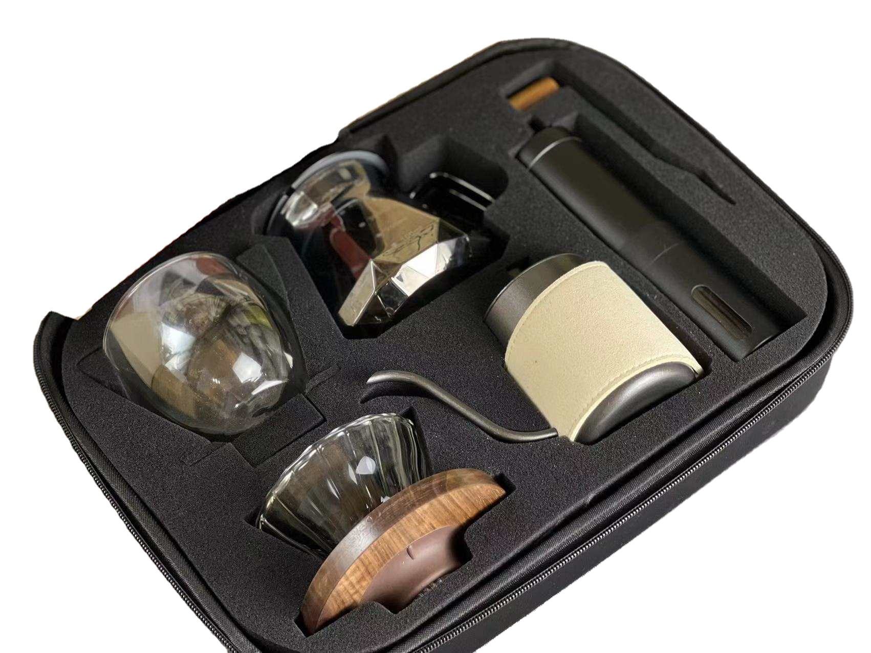 Outdoor-Kaffeemaschine V60 Set, Kaffeetropfmühle mit Edelstahl und Wasserkocher, Glas, Timer-Skala, Reisetasche, geeignet für Geschenke