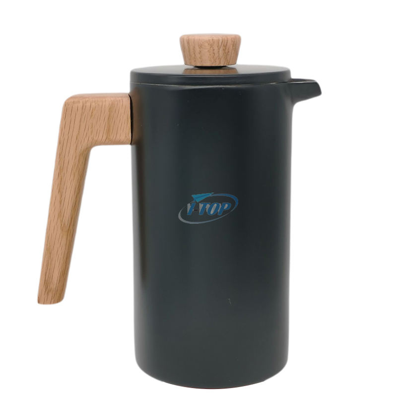 Französische Presse, doppelwandig, isoliert, Thermo-Holzgriff, Edelstahl 304, Cafetiere-Kaffeemaschine