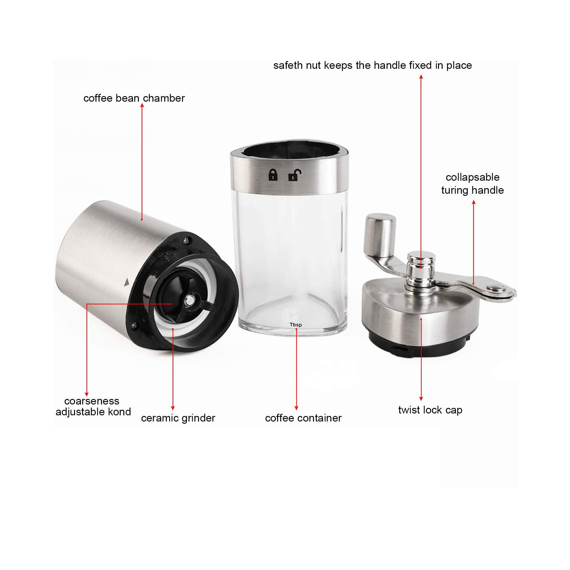 Edelstahl verstellbare Keramik Drip Espresso French Press Handkaffeemühle