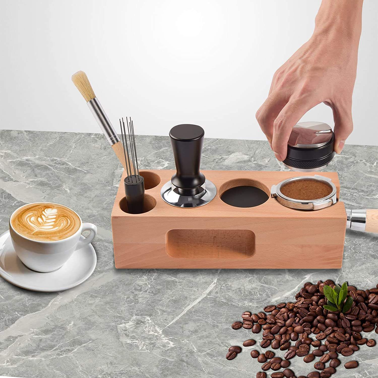 Espresso Tamper Kaffeeverteiler Tamper Espresso Rührer Holz Kaffee Tamper Station Espresso Tamping Matte kompatibel mit 58 mm