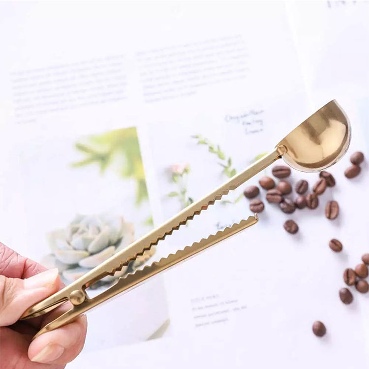Bunter Messlöffel, lebensmittelechter Metall-Kaffeelöffel, Gold-Edelstahl-Kaffee-Messlöffel, Schaufel mit Verschlussclip