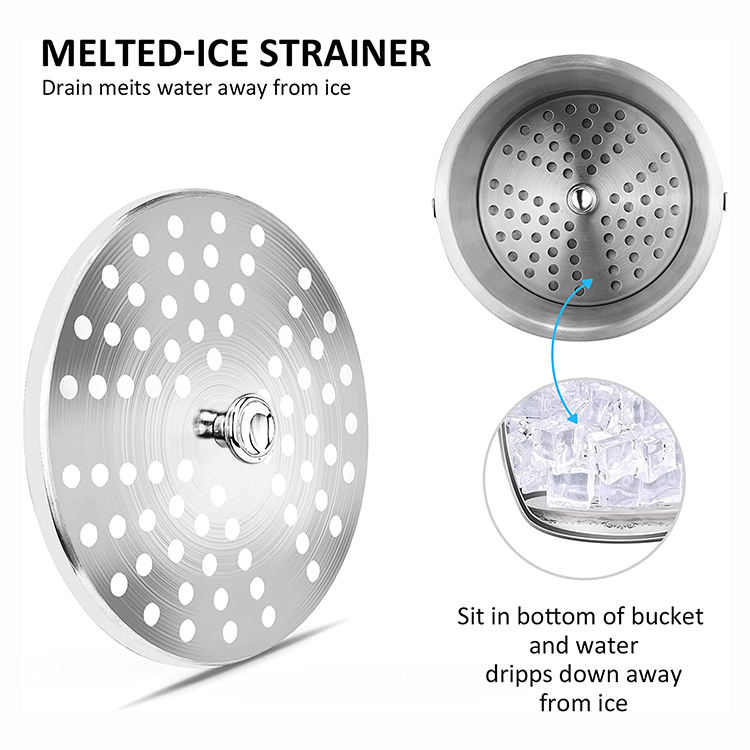 Doppelwandiger, isolierter, tragbarer Eiskübel aus Edelstahl mit Deckel und Eiszange inklusive Sieb hält das Eis kalt und trocken