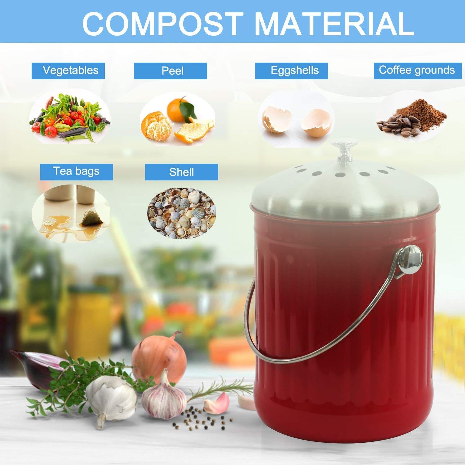 Küchen-Komposteimer für Theke oder unter der Spüle, 1,3 Gallonen, Metall, für den Innenbereich, Zuhause, Wohnung, umweltfreundlicher, biologisch abbaubarer Kompostbehälter