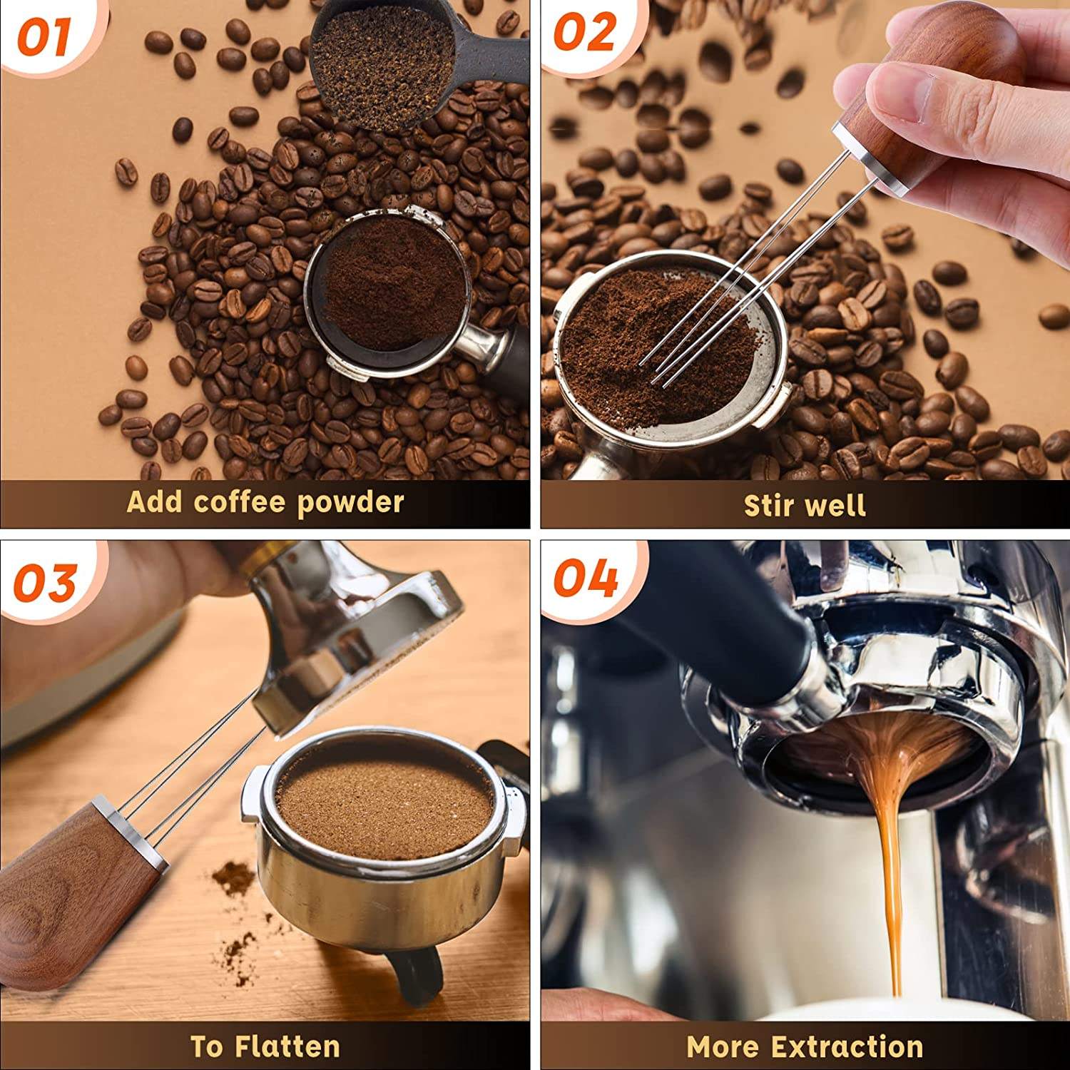 Professionelles WDT-Werkzeug zum Rühren von Kaffee mit 4 oder 8 Nadeln für die Espressoverteilung. Kaffeenadel mit natürlichem Redwood-Griff