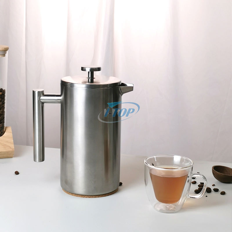 French Press Belly, klassischer Stil, Edelstahl, 960 ml, isolierte doppelwandige Kaffeemaschine, French Press mit individuellem Logo, Holz