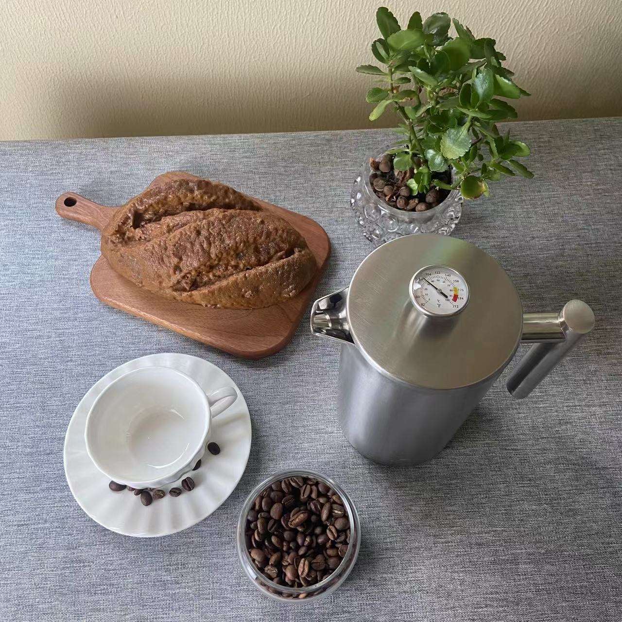 French Press, klassischer Stil, Edelstahl, isoliert, doppelwandig, 900 ml, French Press mit individuellem Logo-Thermometer