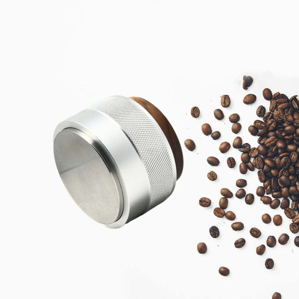 58 mm Kaffeeverteiler, Edelstahl-Kaffeeverteiler, Walnuss-Dekoration, höhenverstellbarer Kaffeeverteiler mit Holz