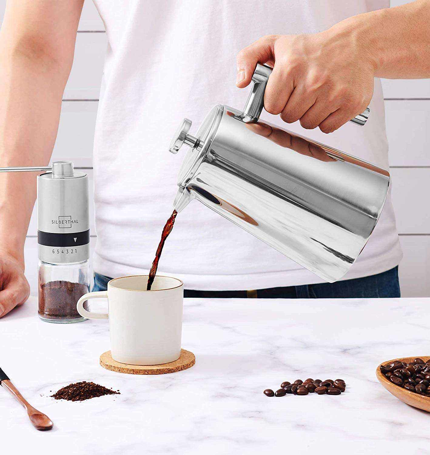 French-Press-Kaffeemaschine aus Edelstahl, doppelwandige Metallisolierung, Kaffeepresse und Teebereiter, leicht zu reinigen und leicht zu drücken