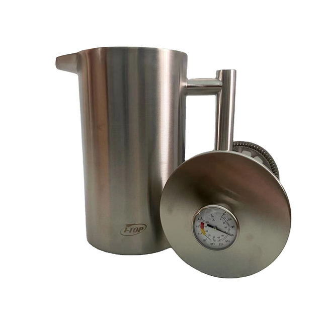 French Press, klassischer Stil, Edelstahl, isoliert, doppelwandig, 900 ml, French Press mit individuellem Logo-Thermometer