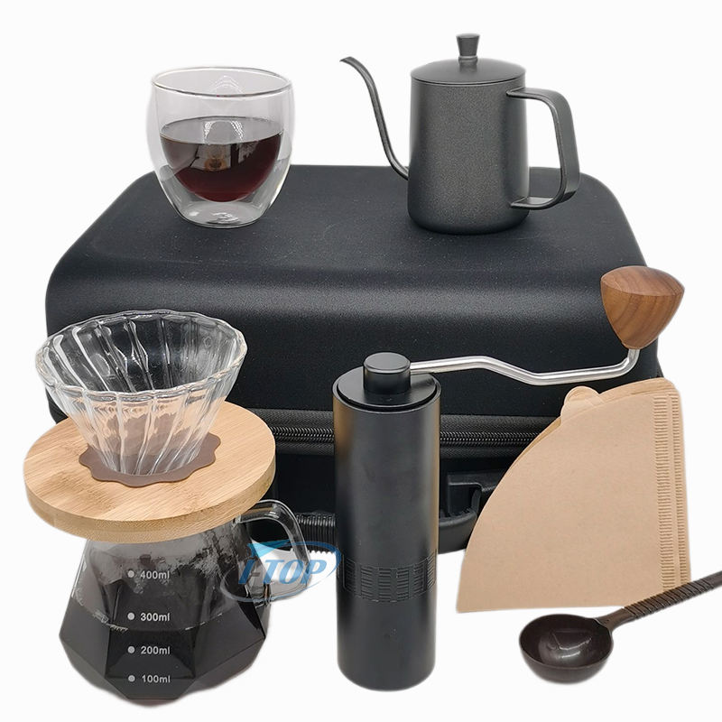 Outdoor-Kaffeemaschine V60 Set, Kaffeetropfmühle mit Edelstahl und Wasserkocher, Glas, Timer-Skala, Reisetasche, geeignet für Geschenke