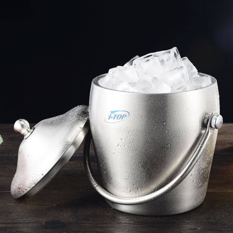 Maßgeschneiderter doppelwandiger, isolierter Champagner-Eiskübel für Cocktailbar, Bier-Eiskübel aus Edelstahl mit Deckel und Schaufel