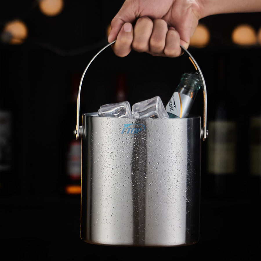 Tragbarer 3-Liter-Kühler für Champagner, Wein, Eiskübel, doppelwandiger Eiskübel aus Edelstahl mit Zange und verdicktem Deckel