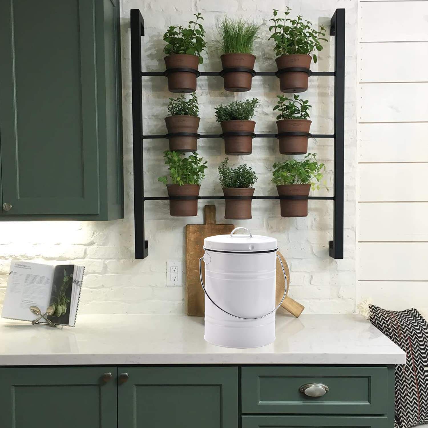 Produkt Küchenmülleimer mit Griff, 1 Gallone, für den Innenbereich, weiß, mit Kunststoffeimer, Kompostbehälter mit Kohlefilter