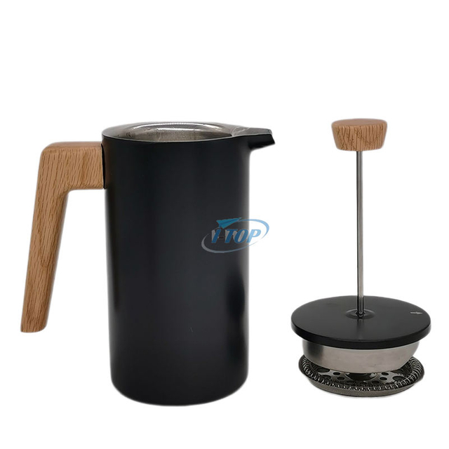 Französische Presse, doppelwandig, isoliert, Thermo-Holzgriff, Edelstahl 304, Cafetiere-Kaffeemaschine