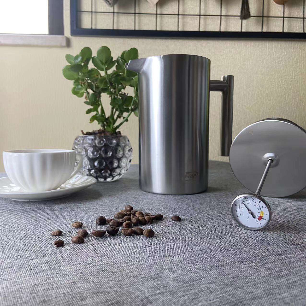French Press, klassischer Stil, Edelstahl, isoliert, doppelwandig, 900 ml, French Press mit individuellem Logo-Thermometer