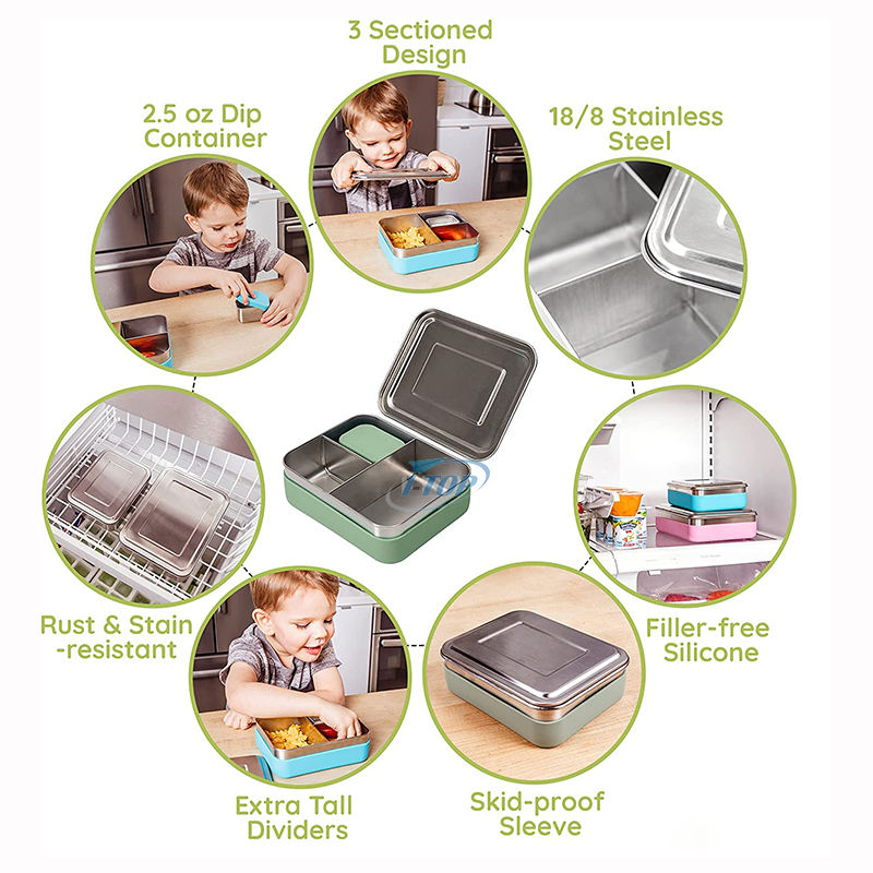 Neue Ankunft auslaufsicher 3 Fächer Schulkinder Bento-Stil Frischhaltedose Lunchbox Bento-Lunchbox aus Edelstahl für